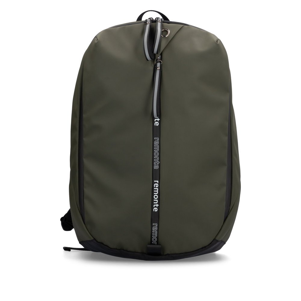 remonte Rucksack Q0531-54 in Grün mit mattem Finish, Reißverschluss, Laptopfach und reflektierenden Schlaufen an den Reißverschlüssen. Vorderseite.