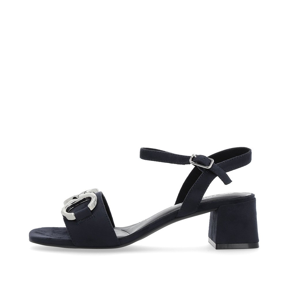 Blue vegan remonte women´s strap sandals D1L50-14 with buckle and silver accessory. Outside of the shoe.