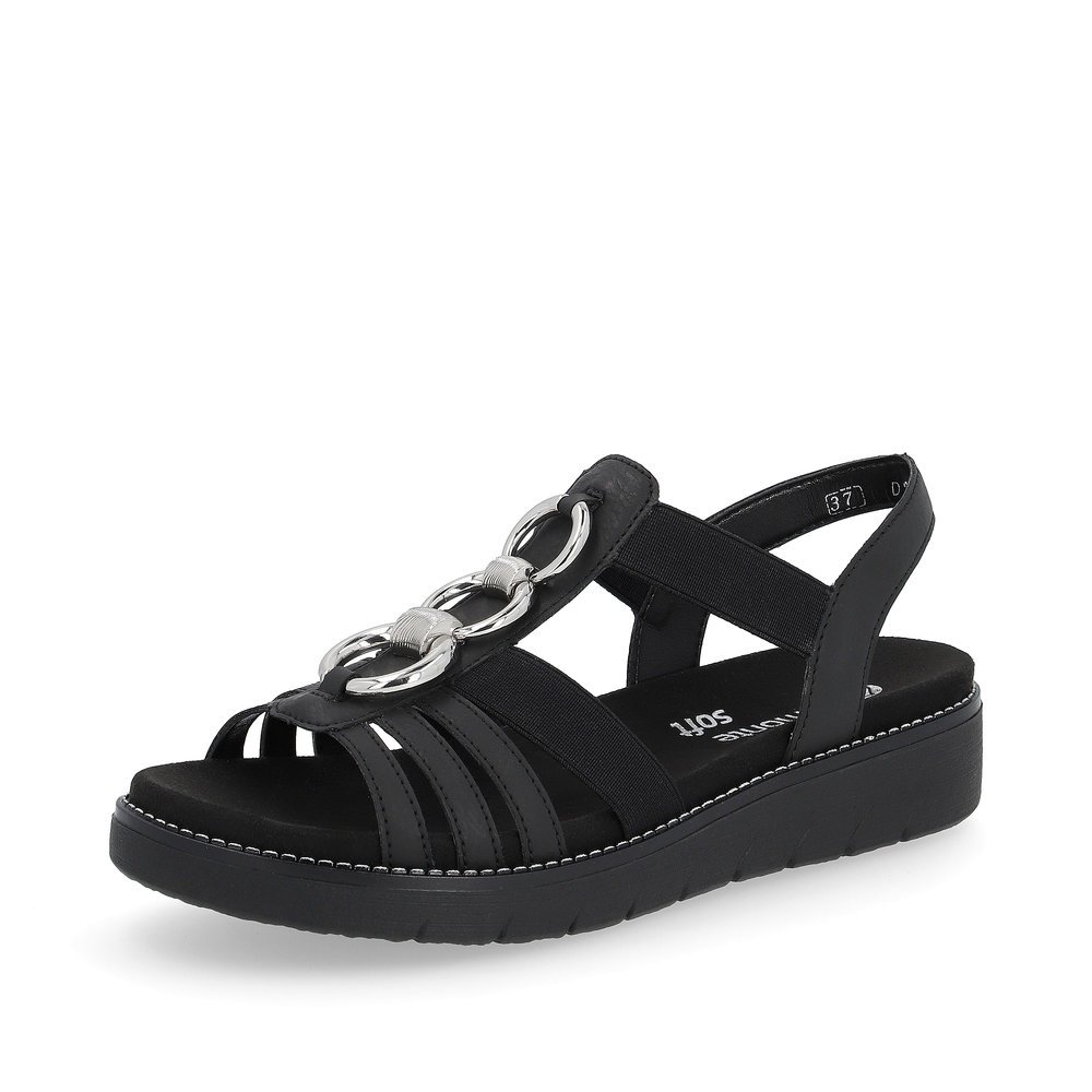 remonte sandales à lanières noires végétaliennes pour femmes D2073-02. Chaussure inclinée sur le côté.