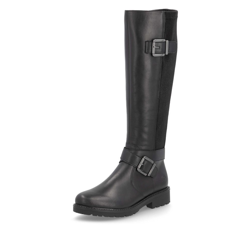 Black remonte women´s high boots R6593-00 with decorative buckles as well as zipper. Shoe laterally.