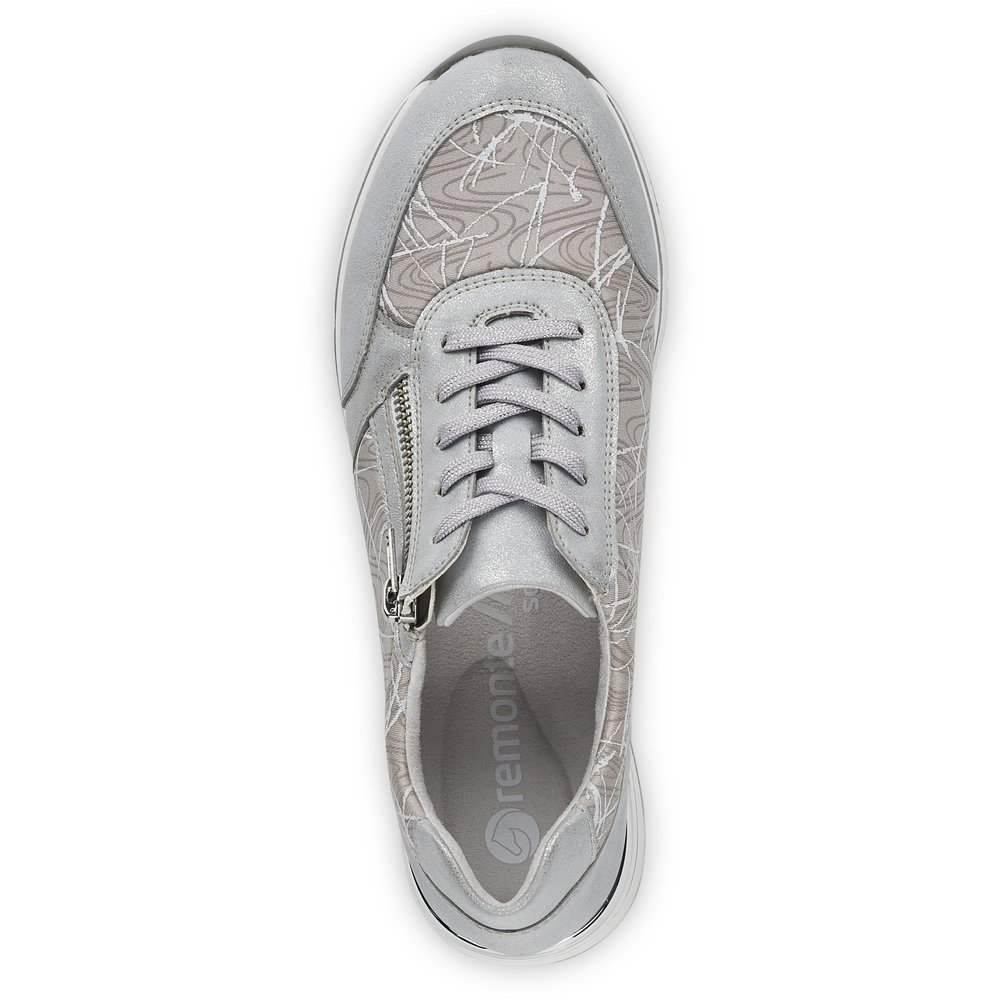 Grey remonte women´s sneakers R6700-40 with zipper and abstract pattern. Shoe from the top.