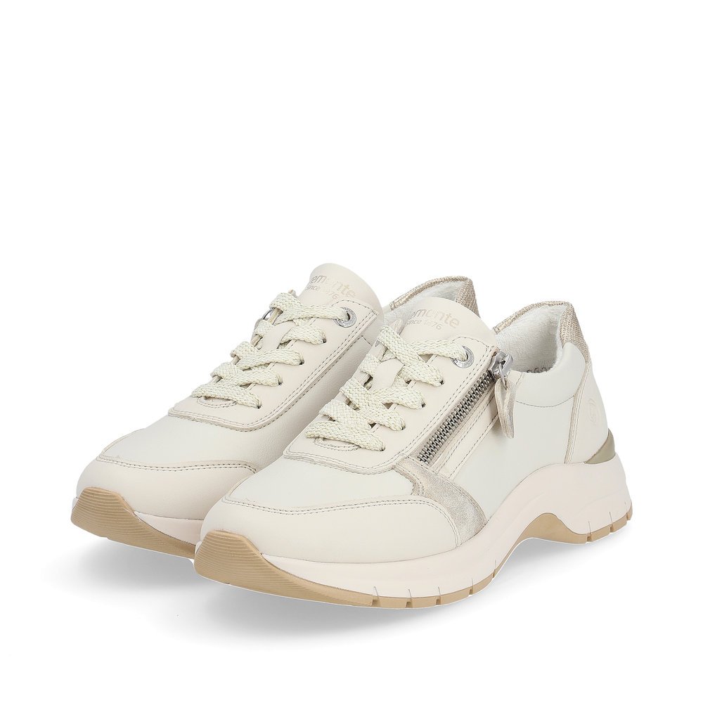 Light beige remonte women´s sneakers D0G09-80 with a zipper and extra width H. Shoes laterally.
