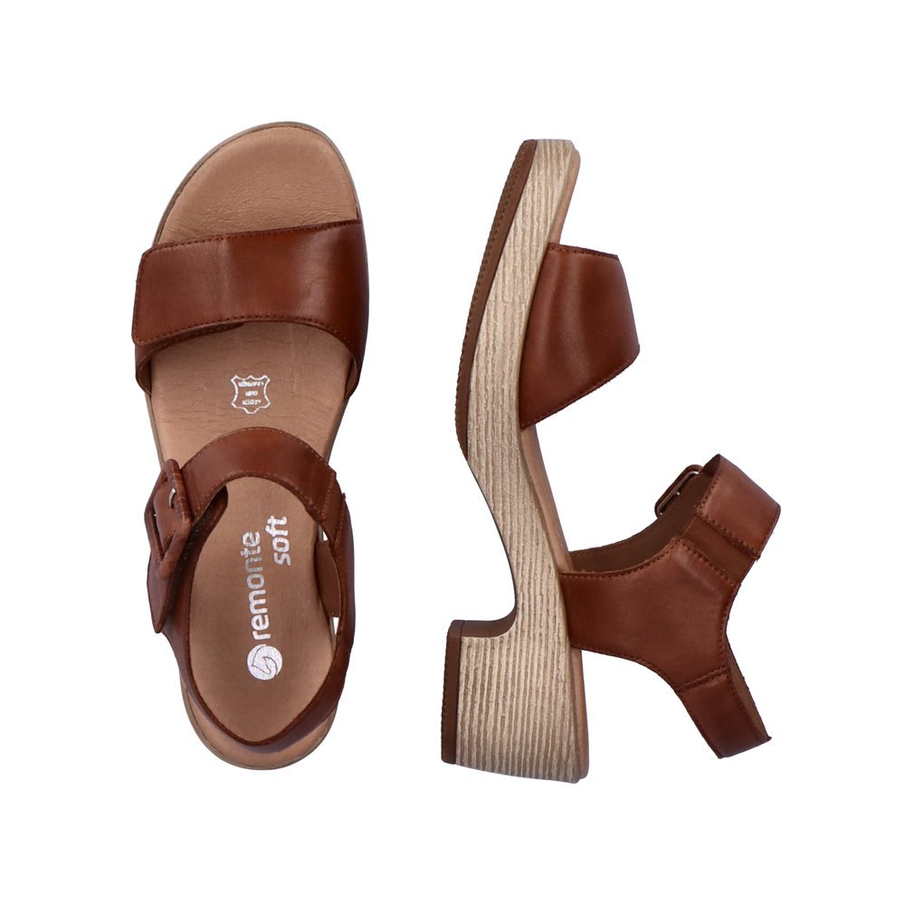 Chocolate brown remonte women´s strap sandals D0N52-24 with hook and loop fastener. Shoe from the top, lying.