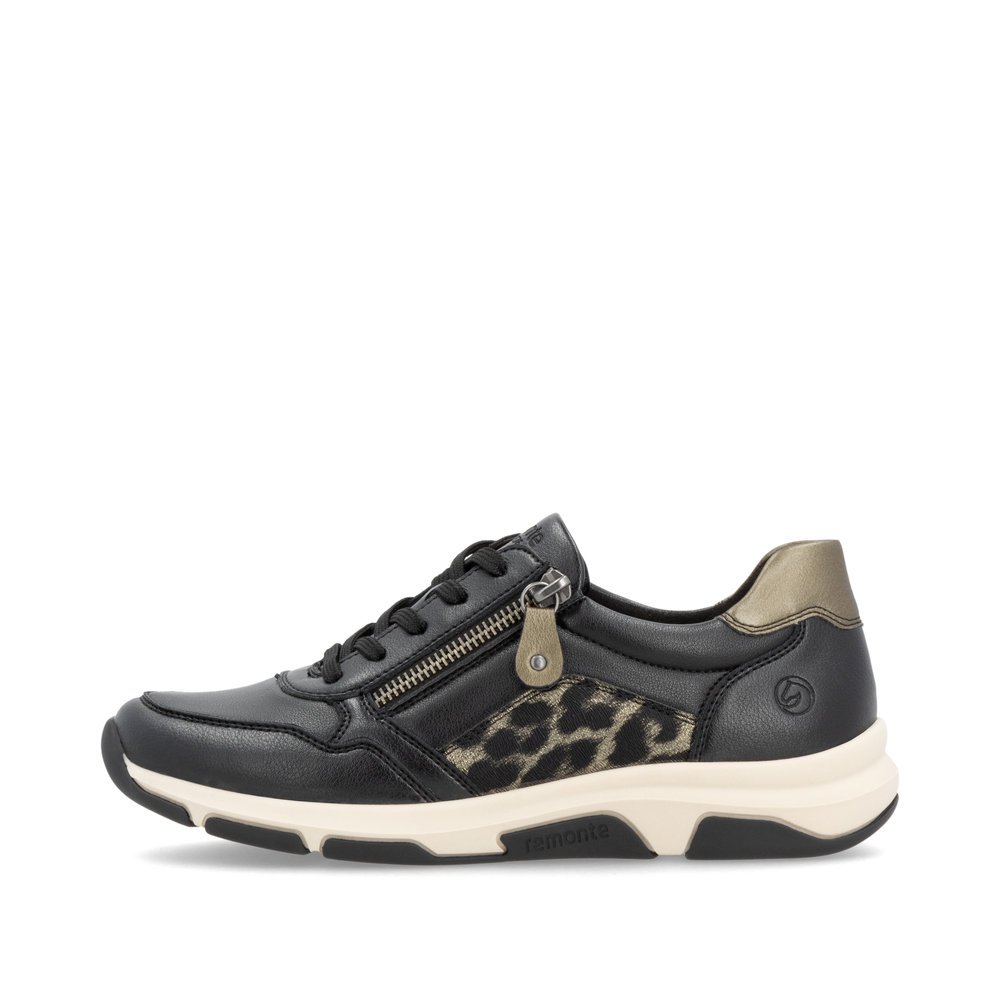 Black vegan remonte women´s sneakers D1S01-03 with animal print as well as a zipper. Outside of the shoe.