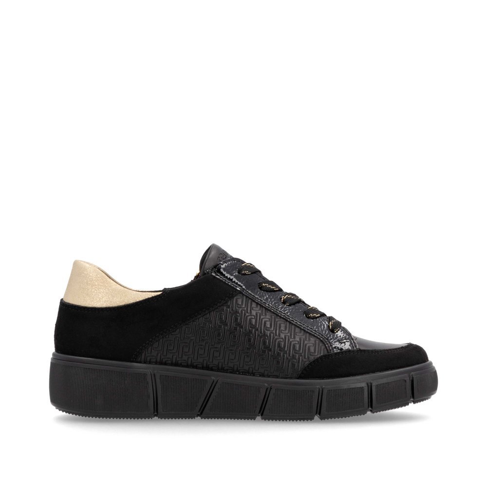 Black remonte women´s sneakers D1T00-03 with a remonte pendant as well as a zipper. Shoe inside.