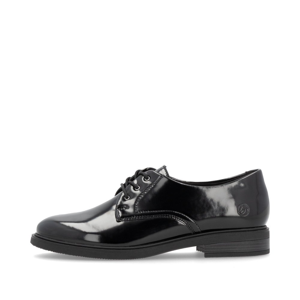 Glossy black remonte women´s lace-up shoes D1U02-00 with a removable insole. Outside of the shoe.