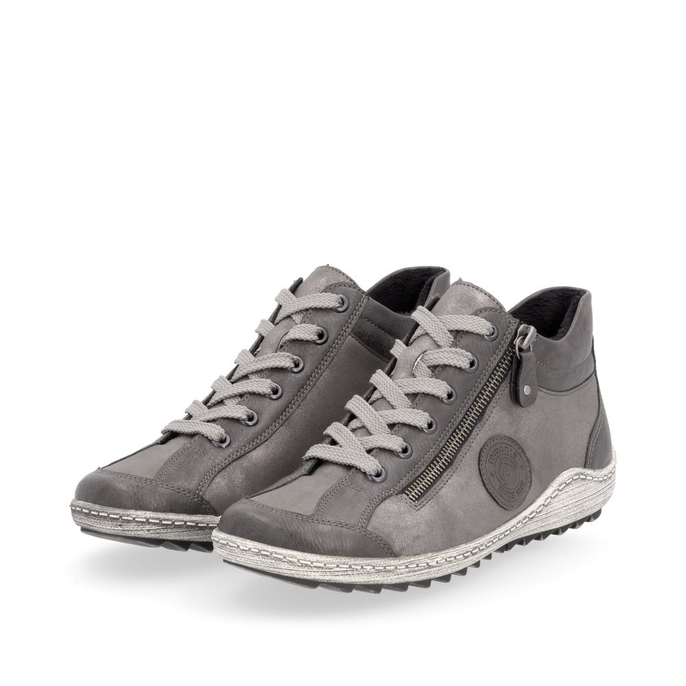 Chaussures à lacets remonte grises pour femme R1477-42 avec logo gris. Chaussures inclinées sur le côté.