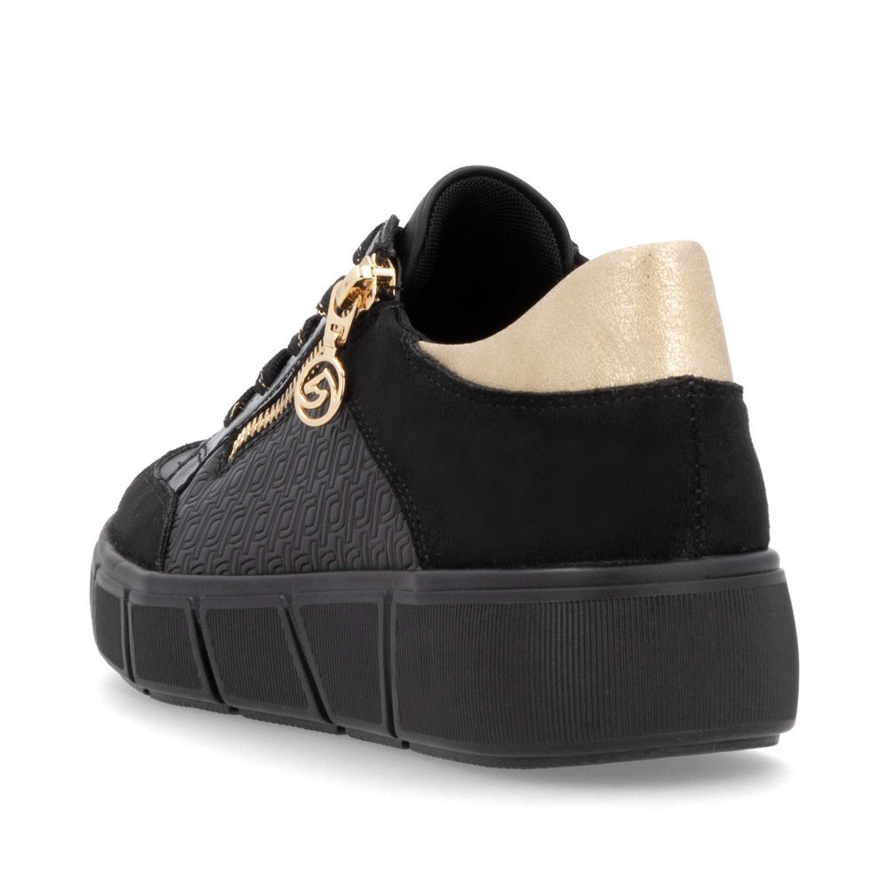 Black remonte women´s sneakers D1T00-03 with a remonte pendant as well as a zipper. Shoe from the back.