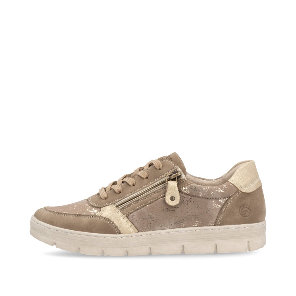 Sand beige remonte women´s sneakers D5831-62 with zipper as well as a padded insole. Outside of the shoe.