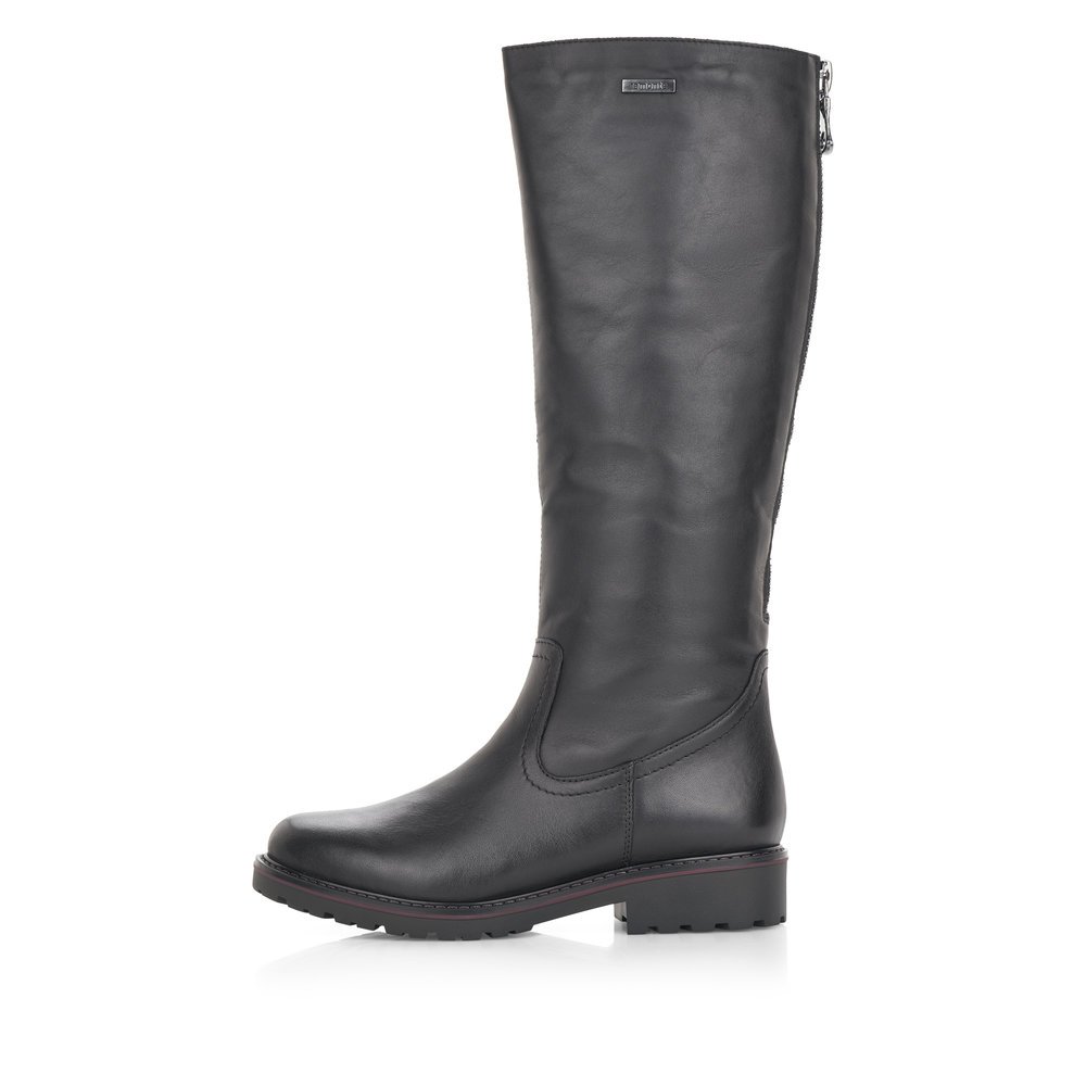 Black remonte women´s high boots R6576-01 with a zipper as well as comfort width G. Outside of the shoe.