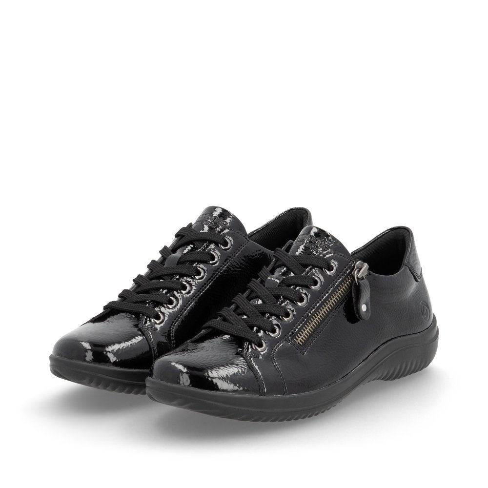 Black remonte women´s lace-up shoes D1E03-01 with zipper as well as comfort width G. Shoes laterally.