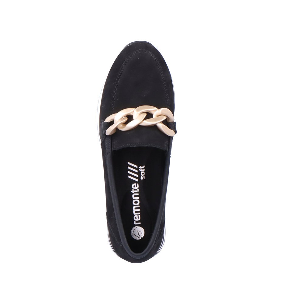 Night black remonte women´s loafers R2544-02 with golden chain. Shoe from the top.