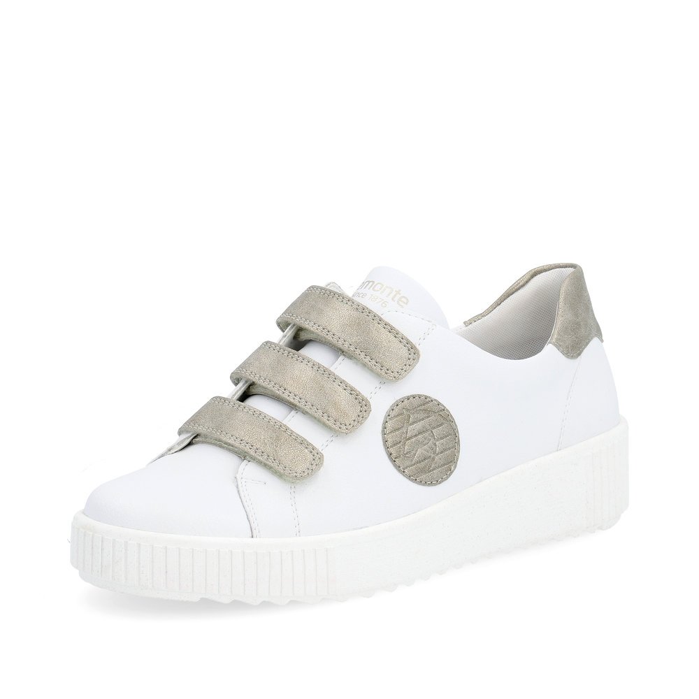 White remonte women´s sneakers R7902-80 with a hook and loop fastener and grey logo. Shoe laterally.