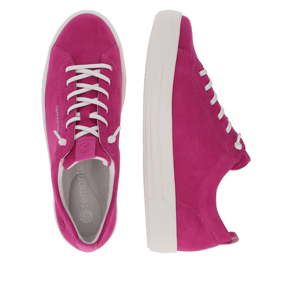 Pink remonte women´s sneakers D0913-31 with a lacing and comfort width G. Shoe from the top, lying.