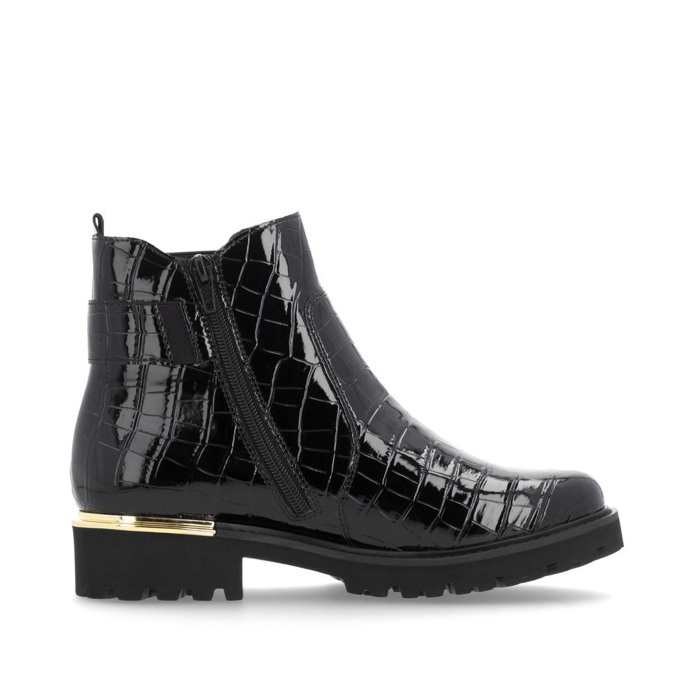 Lacquer black remonte women´s Chelsea boots D8684-03 with golden decorative element. Shoe inside.