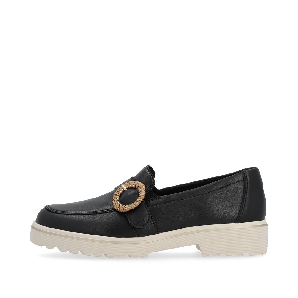 Jet black remonte women´s loafers D1H00-00 with an elastic insert. Outside of the shoe.