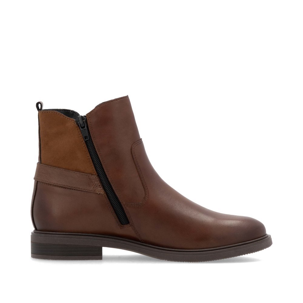 Nussbraune remonte Damen Kurzstiefel D1U71-22 mit goldener Zierschnalle. Schuh Innenseite.