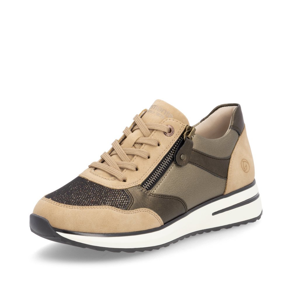 Bronze vegan remonte women´s sneakers D1G08-91 with zipper as well as padded insole. Shoe laterally.