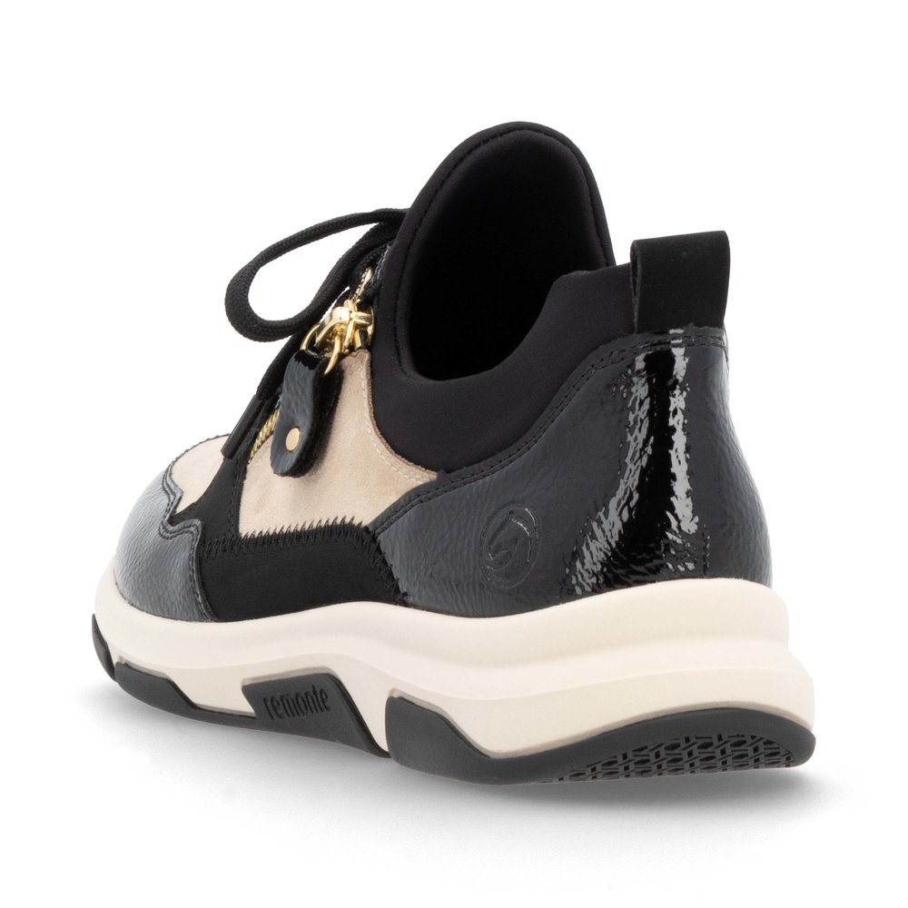 Jet black vegan remonte women´s slippers D1S02-04 with an elastic shaft collar. Shoe from the back.