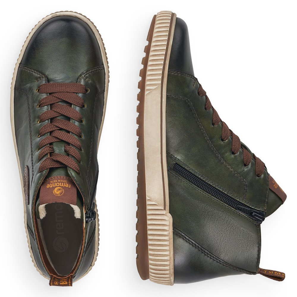 Leaf green remonte women´s lace-up shoes D0771-54 with remonteTEX technology. Shoe from the top, lying.