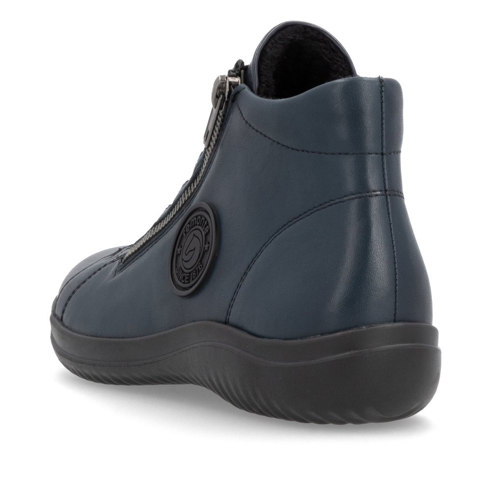 Pazifikblaue remonte Damen Schnürschuhe D1E70-14 mit schwarzem Logo. Schuh von hinten.