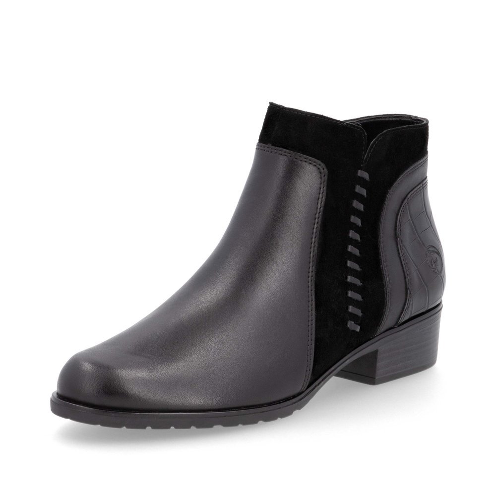 Steel black remonte women´s ankle boots D6893-02 with stylish decorative stitching. Shoe laterally.