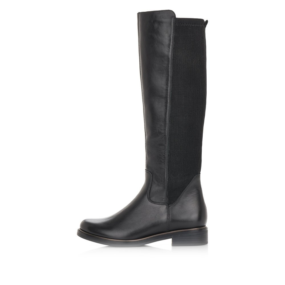 Black remonte women´s high boots D8371-01 with a zipper as well as removable insole. Outside of the shoe.