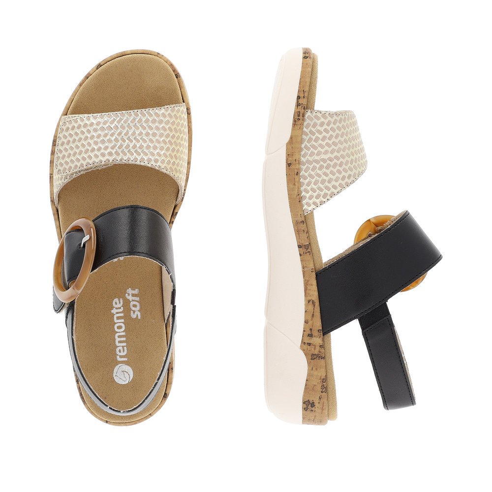 Steel black remonte women´s strap sandals R6853-02 with hook and loop fastener. Shoe from the top, lying.