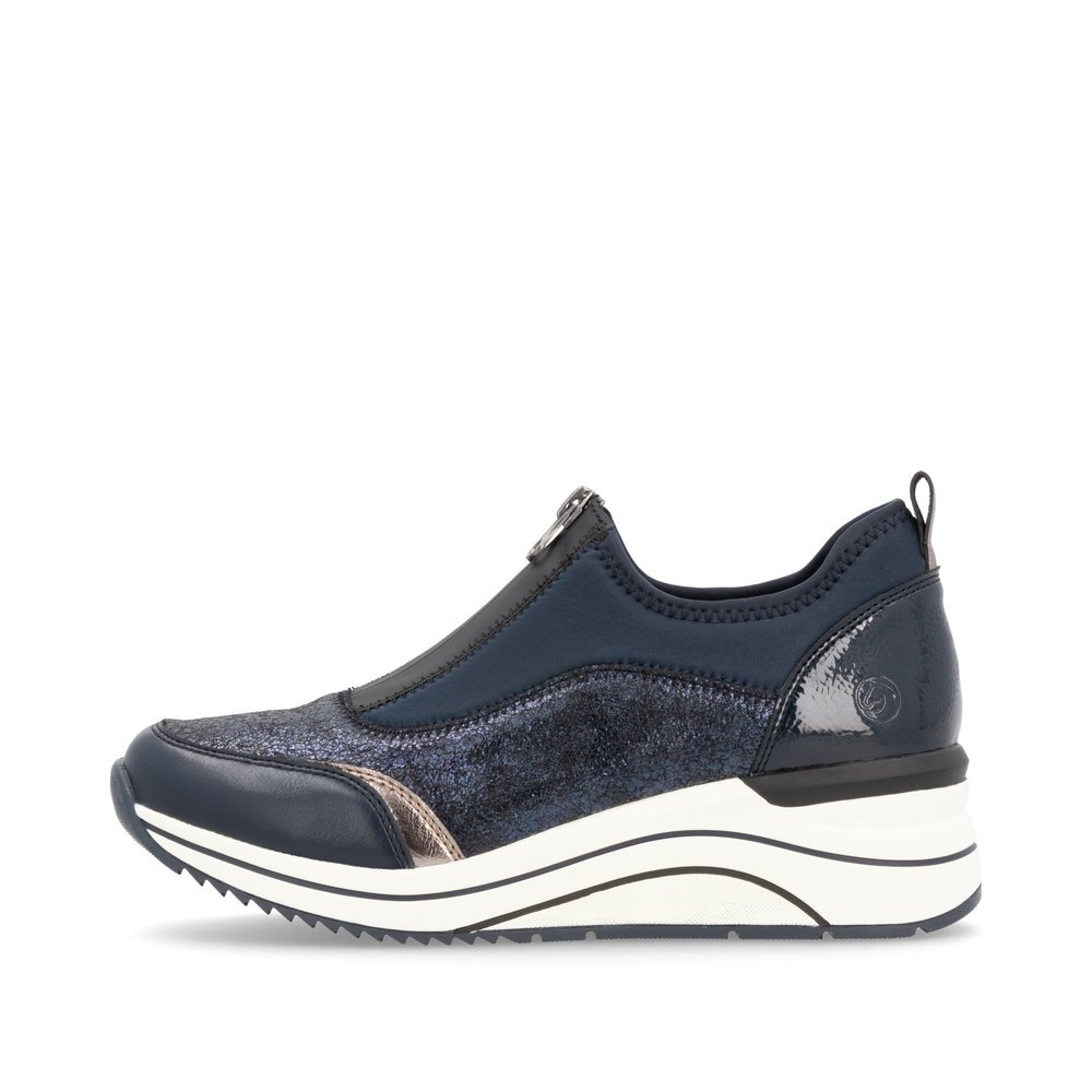 Blue vegan remonte women´s sneakers D0T08-12 with a zipper as well as extra width H. Outside of the shoe.