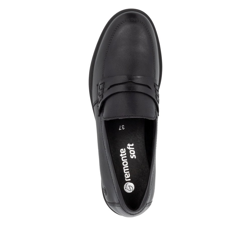 Mattschwarze remonte Damen Loafer D1U01-01 mit Gummizug. Schuh von oben.