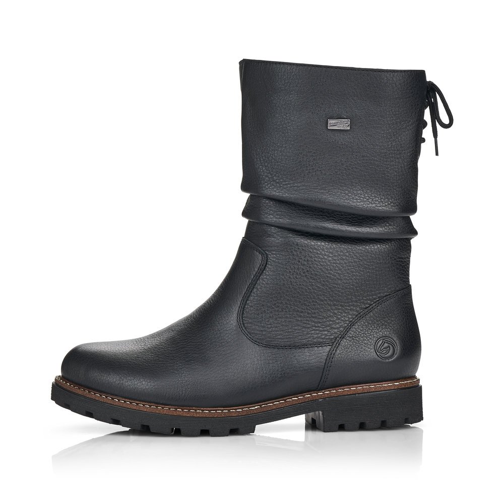 Schwarze remonte Damen Kurzstiefel D8477-01 mit wasserabweisender TEX-Membran. Schuh Außenseite.