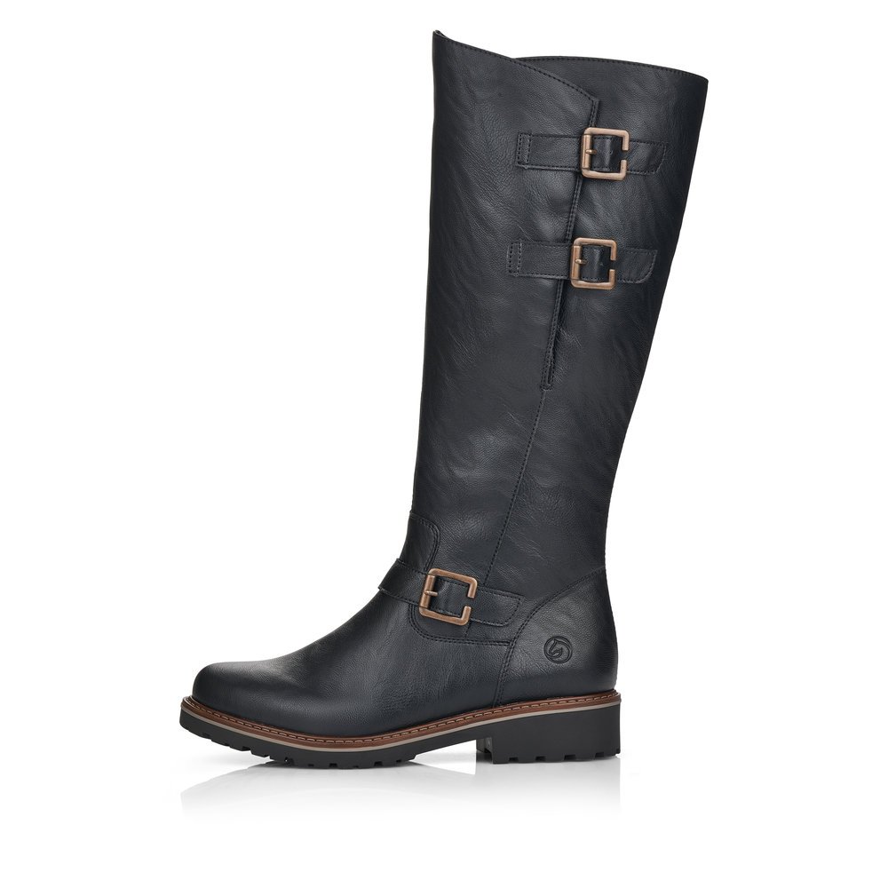 Black remonte women´s high boots R6590-01 with decorative buckles as well as zipper. Outside of the shoe.