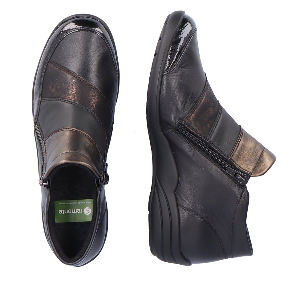 Steel black remonte women´s slippers R7678-01 with zipper as well as extra width H. Shoe from the top, lying.