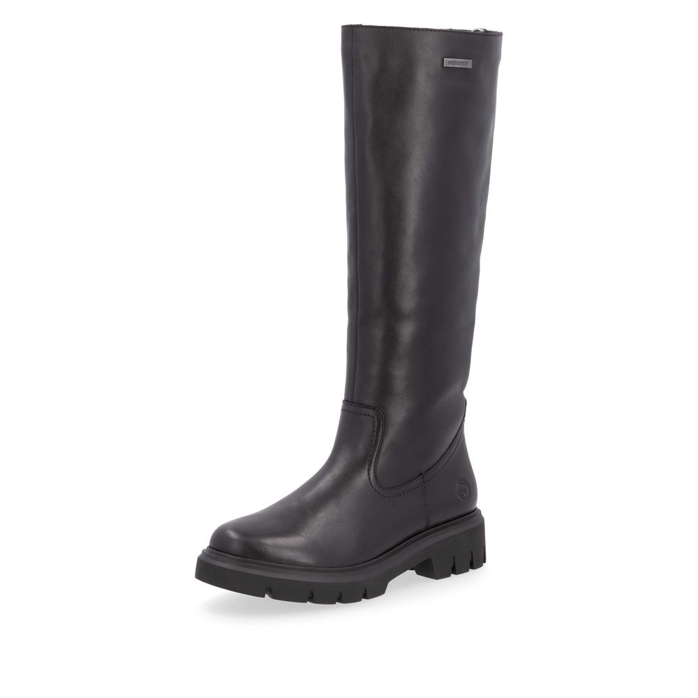 Black remonte women´s high boots D1W73-00 with a zipper as well as comfort width G. Shoe laterally.