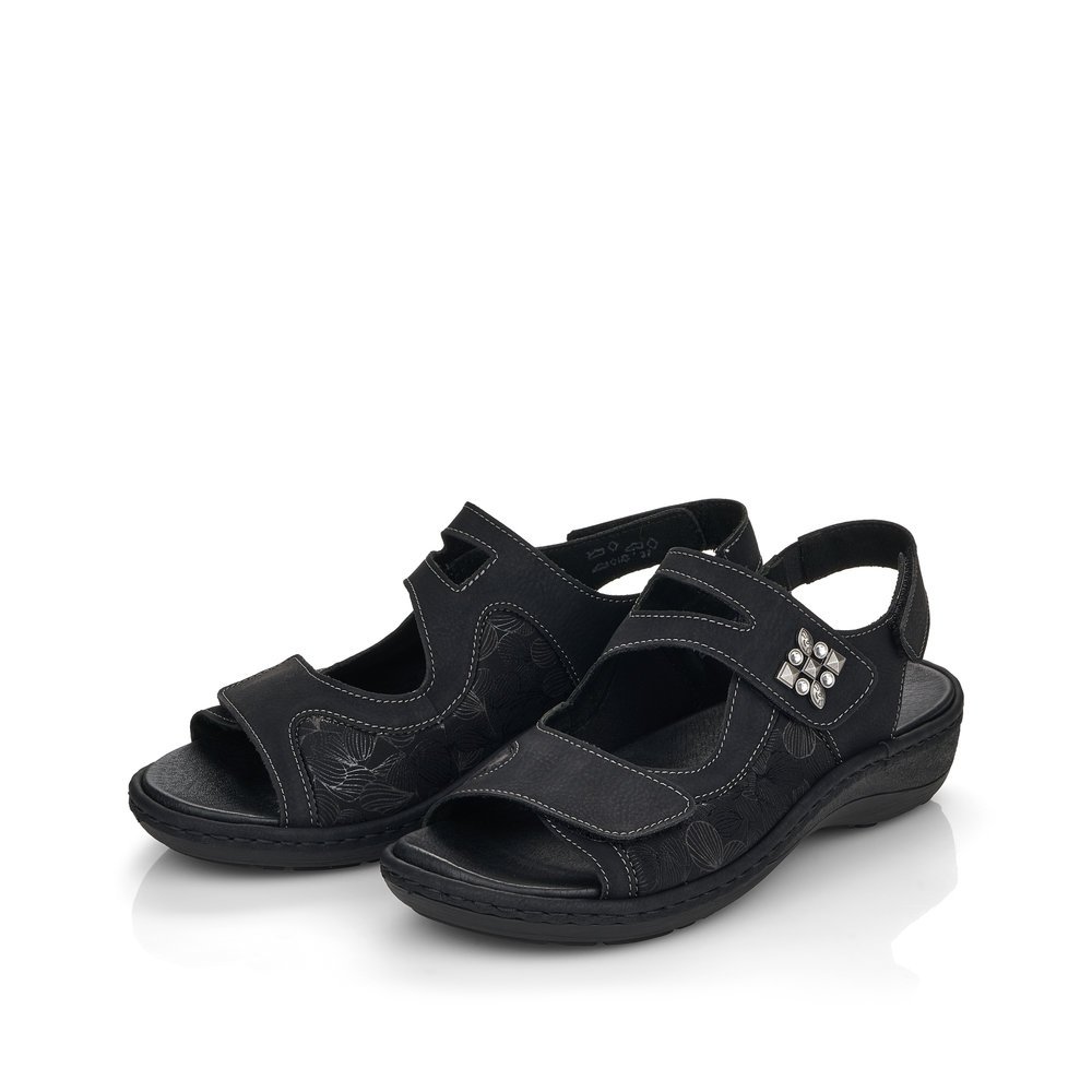 Black remonte women´s strap sandals D7647-01 with a hook and loop fastener. Shoes laterally.
