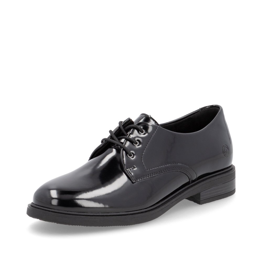 Glossy black remonte women´s lace-up shoes D1U02-00 with a removable insole. Shoe laterally.