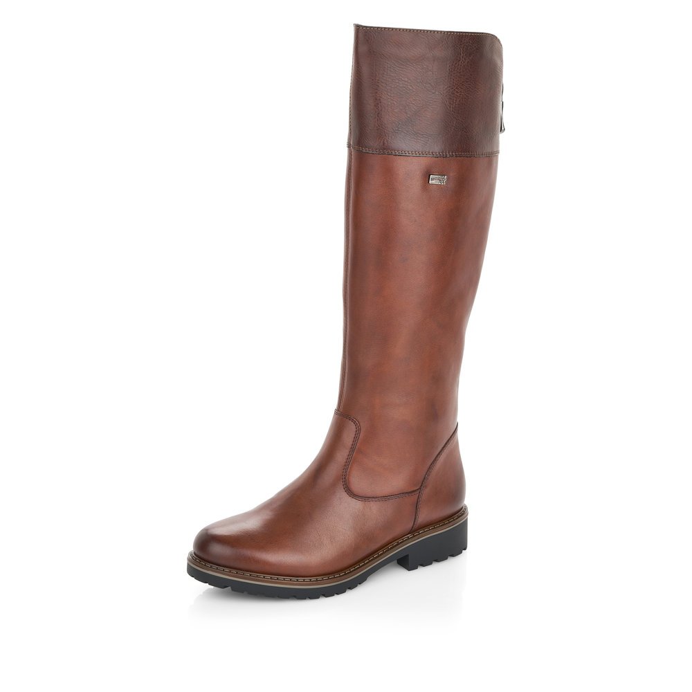 Bottes à tige haute remonte marron pour femme R6581-22. Chaussure inclinée sur le côté.