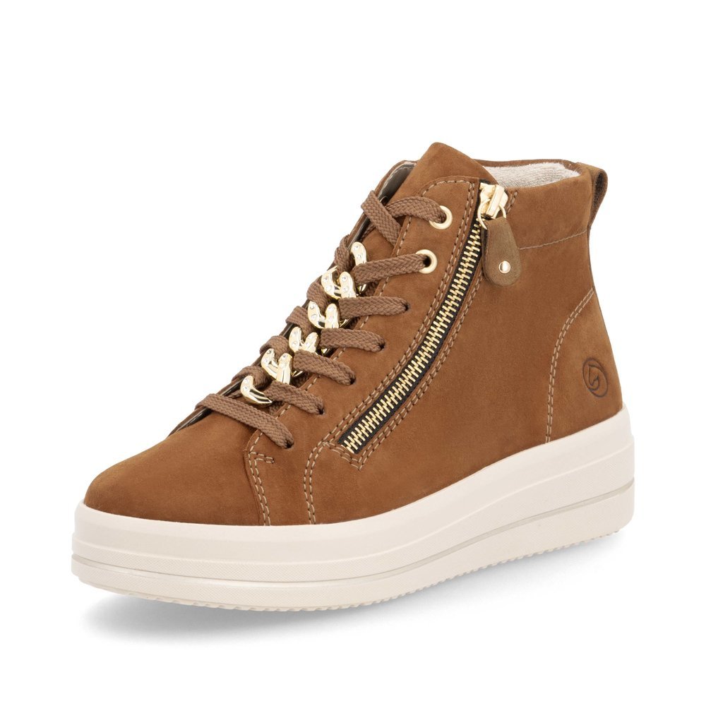 Brown remonte women´s sneakers D1C70-22 with a chain element as well as a zipper. Shoe laterally.