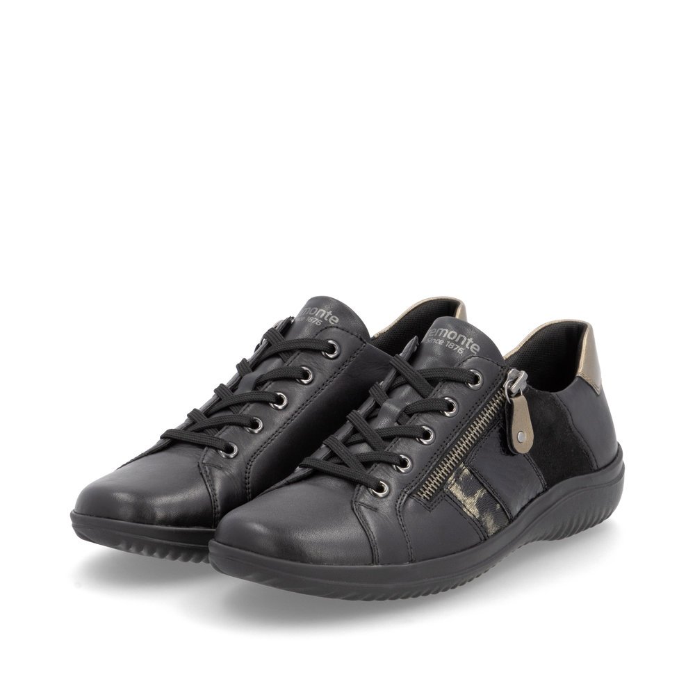 Black remonte women´s lace-up shoes D1E00-03 with zipper as well as comfort width G. Shoes laterally.