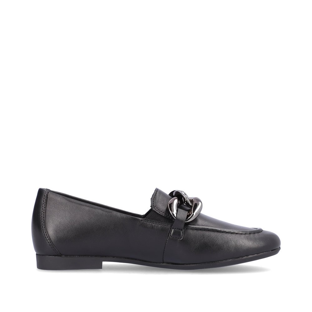 Jet black remonte women´s loafers D0K00-00 with elastic insert and stylish chain. Shoe inside.