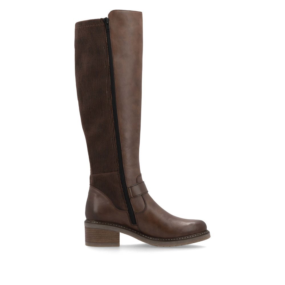 Chocolate brown remonte women´s high boots D1A73-25 with a round decorative buckle. Shoe inside.