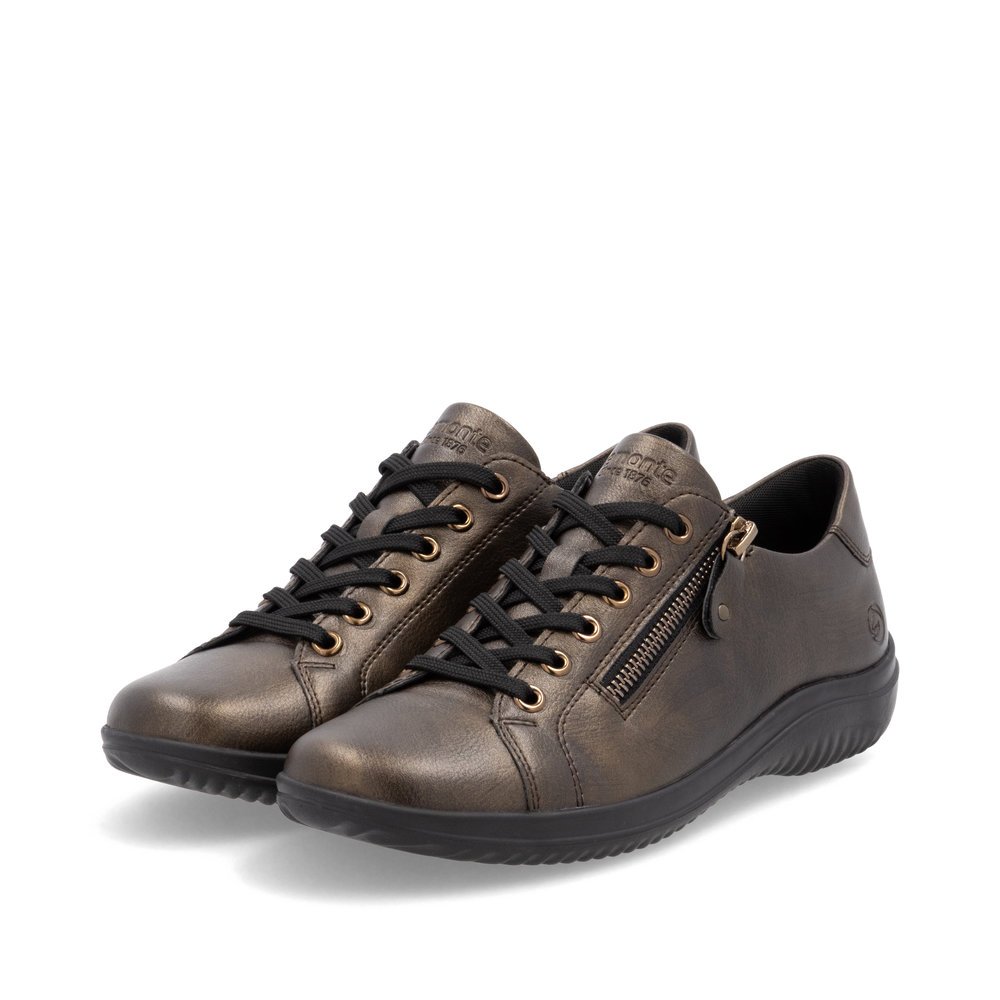 Chaussures à lacets remonte bronze femme D1E03-25 avec fermeture éclair. Chaussures inclinées sur le côté.