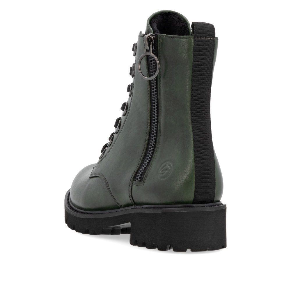 Forest green remonte women´s biker boots D8671-55 with a distinctive eyelets. Shoe from the back.