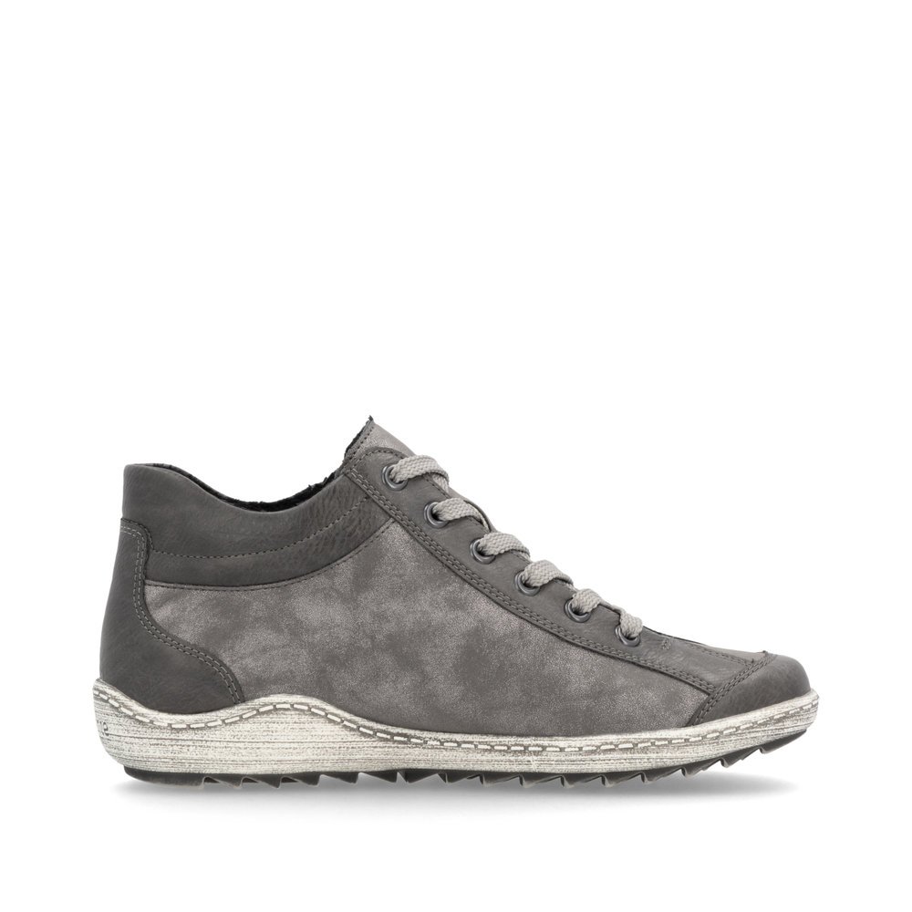 Chaussures à lacets remonte grises pour femme R1477-42 avec logo gris. Intérieur de la chaussure.