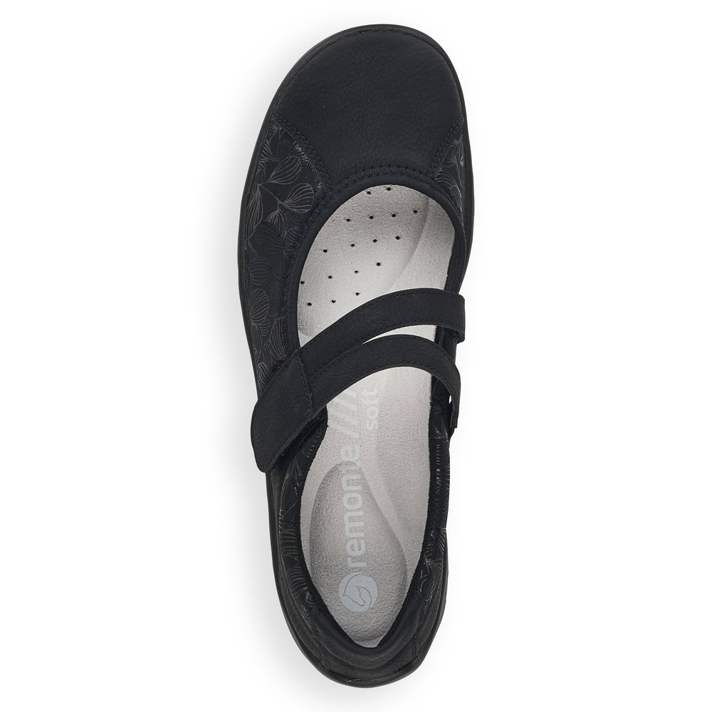 Jet black remonte women´s ballerinas R3510-03 with a hook and loop fastener. Shoe from the top.