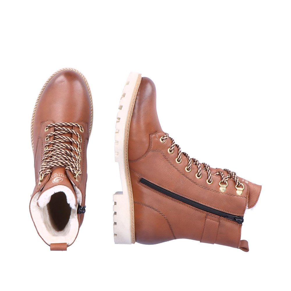 Mocha-coloured remonte women´s lace-up boots D8475-24 with remonteTEX technology. Shoe from the top, lying.