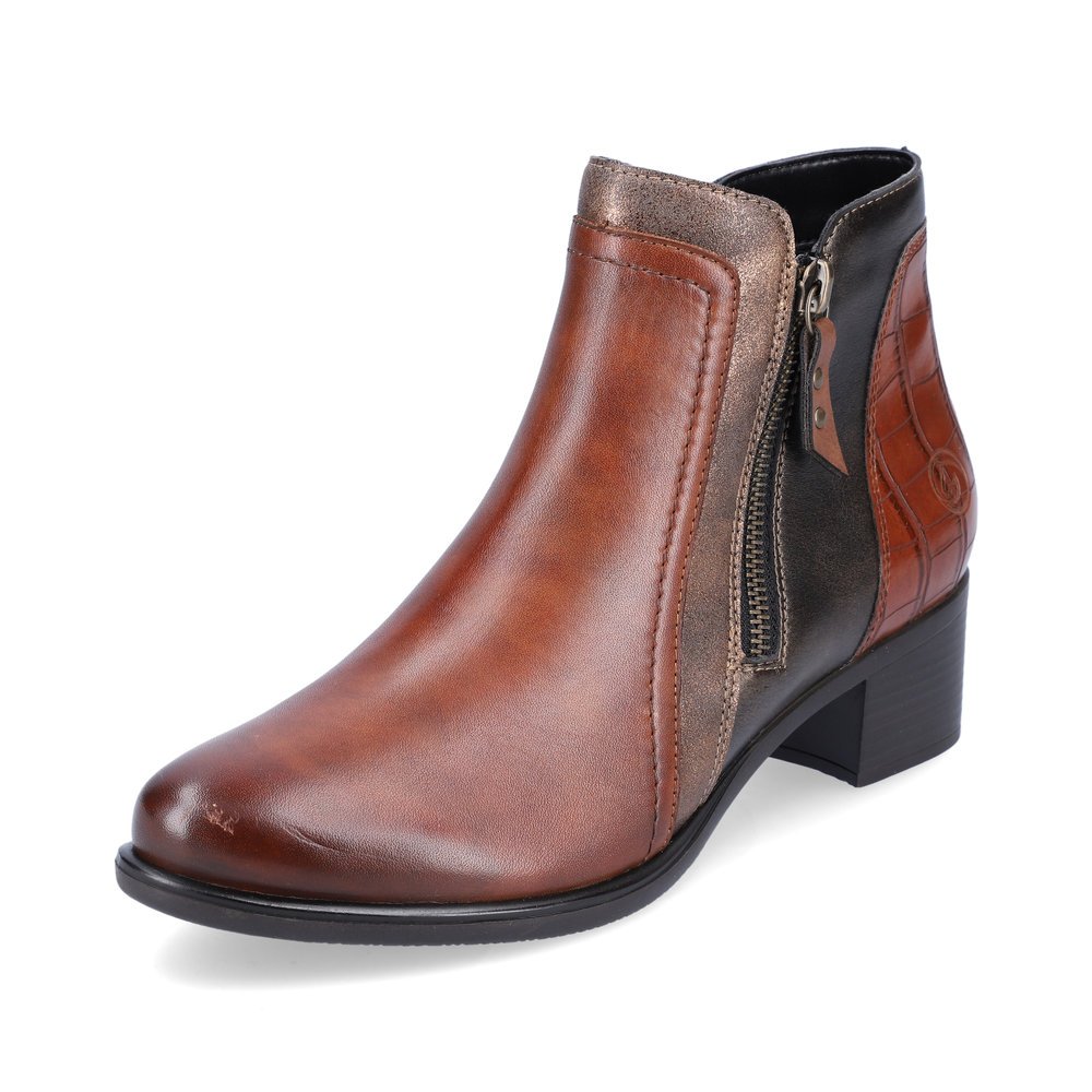 Bottines remonte marron pour femme R5172-23 avec fermeture éclair. Chaussure inclinée sur le côté.