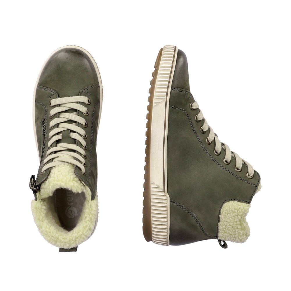 Fir green remonte women´s lace-up shoes D0770-54 with remonteTEX technology. Shoe from the top, lying.