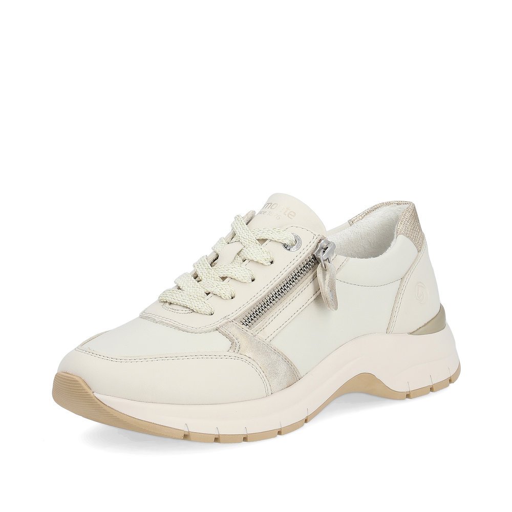 Light beige remonte women´s sneakers D0G09-80 with a zipper and extra width H. Shoe laterally.