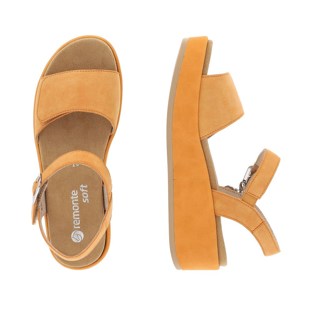 Orange remonte women´s strap sandals D1N50-38 with hook and loop fastener. Shoe from the top, lying.